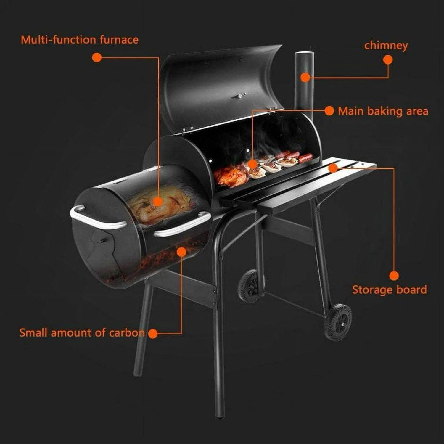 Vebreda Portable Charcoal BBQ Grill with Offset Smoker, Steel, Black, Thermometer, Wheels - Image 5