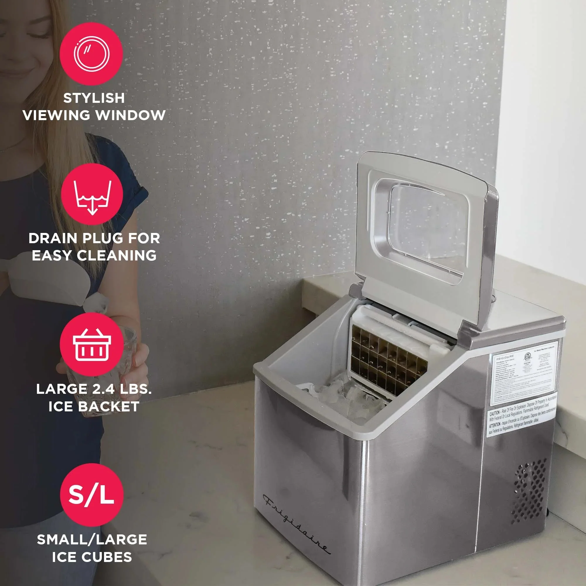 Frigidaire Countertop Clear Square Ice Maker, 40 lbs. Per Day - Stainless Steel - Image 6