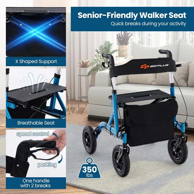 Foldable Rolling Rollator Walker With Seat, 9.5 Inch Pneumatic Wheels - Image 15