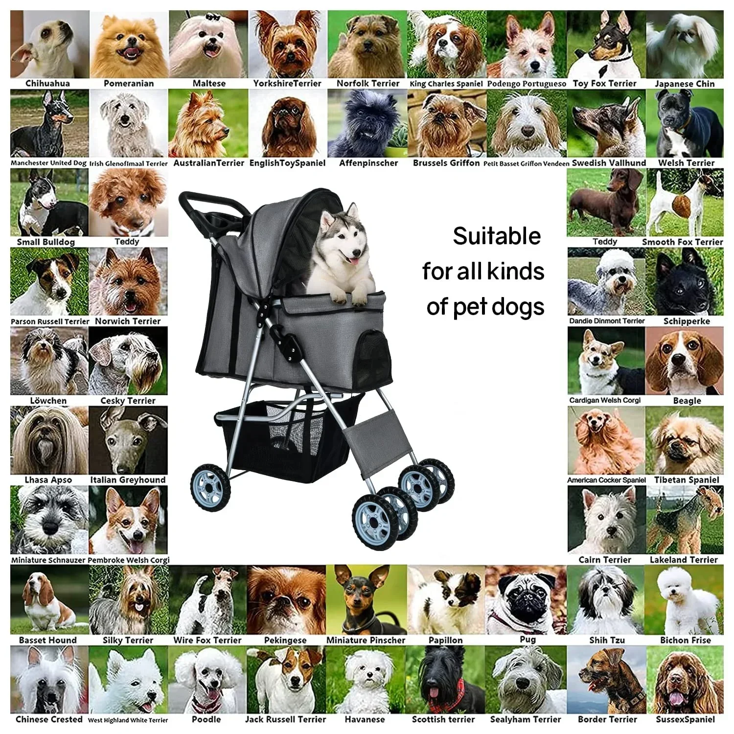 Dkelincs 4-Wheel Foldable Dog Cat Stroller Travel Carrier, Grey - 29.5in L x 18.9in W x 39.8in H - Image 6