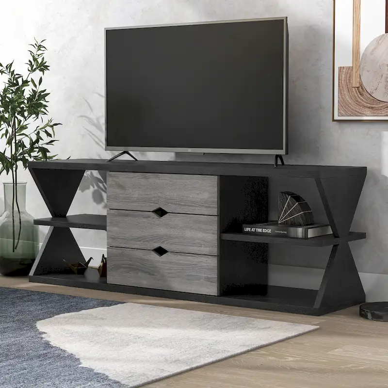 Ayala 60-Inch Modern Black and Distressed Grey TV Console with 4 Shelves and 3 Drawers - Image 2