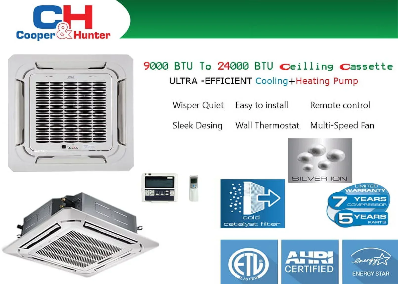 Cooper & Hunter 28000 BTU Dual Zone Mini Split Ceiling Cassette With 12K+12K And 25 Ft Installation Kit - Image 6