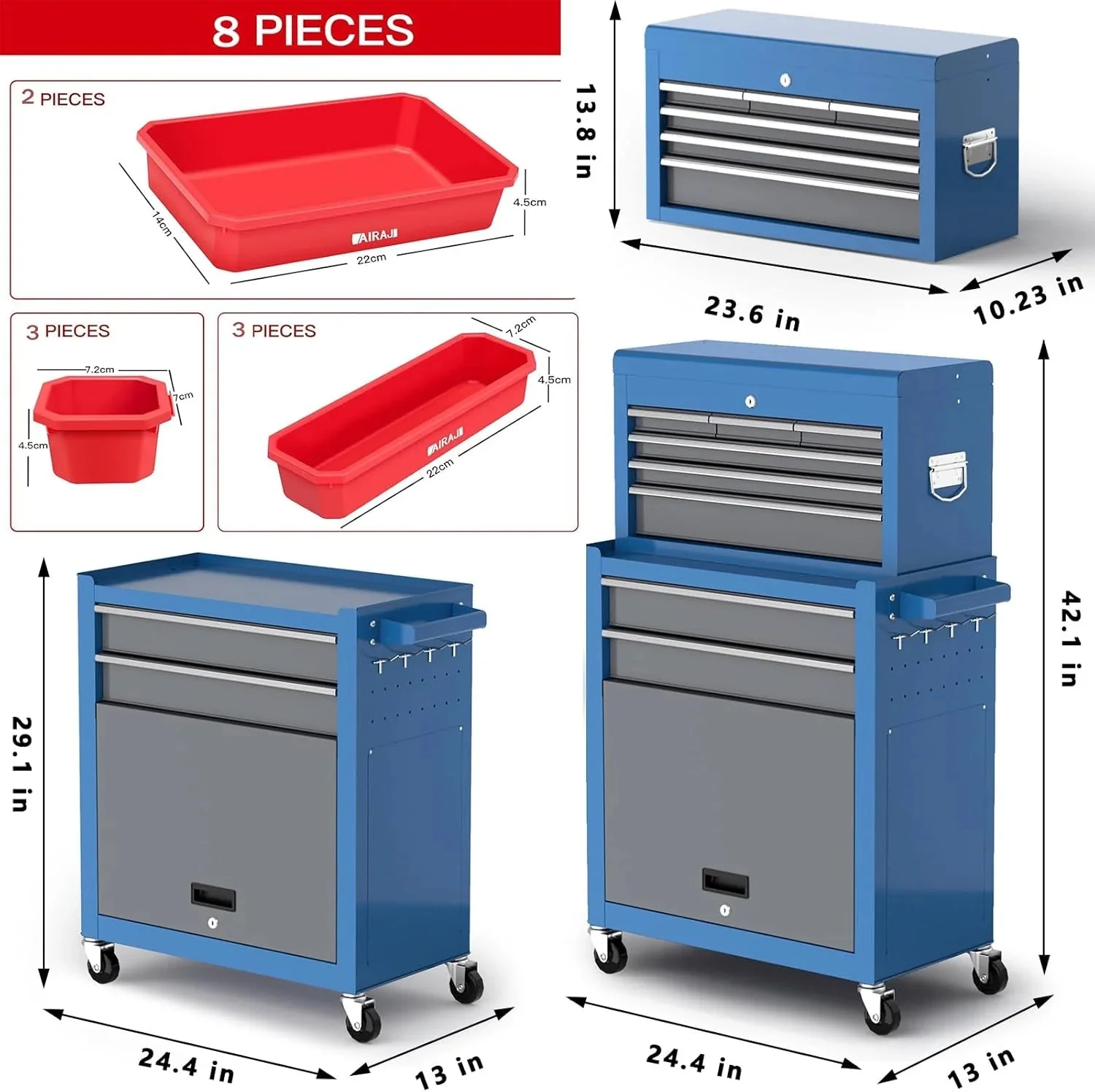 Tool Chest 8-Drawer | 42'' Large Rolling Tool Chest with Wheels | Detachable Top Metal Tool Box | Garage Storage Cabinet for Repair Room,Warehouse | Rolling Tool Box with Hooks,Liners,Tray Divider - Image 3