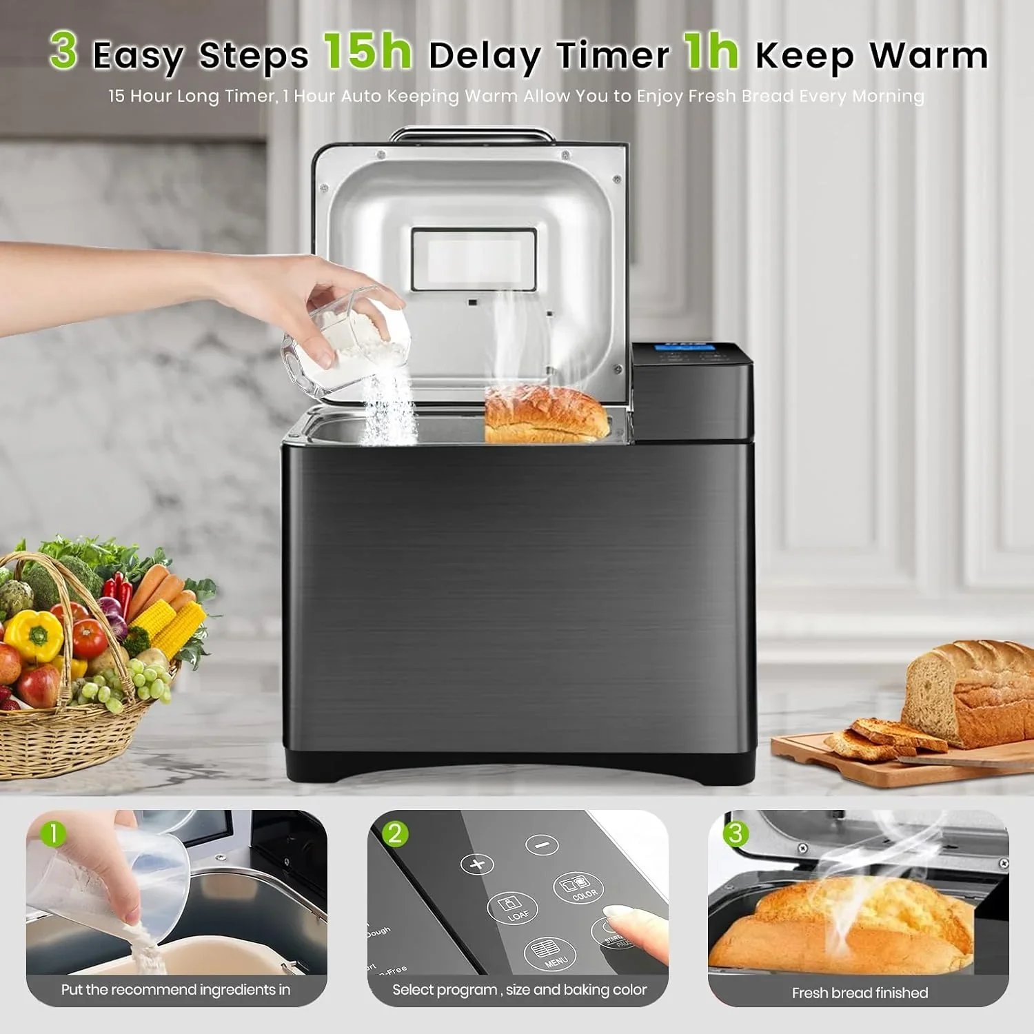 KBS Bread Machine, 710 Watts, 1, 1.5, 2 lb, Black - Image 4