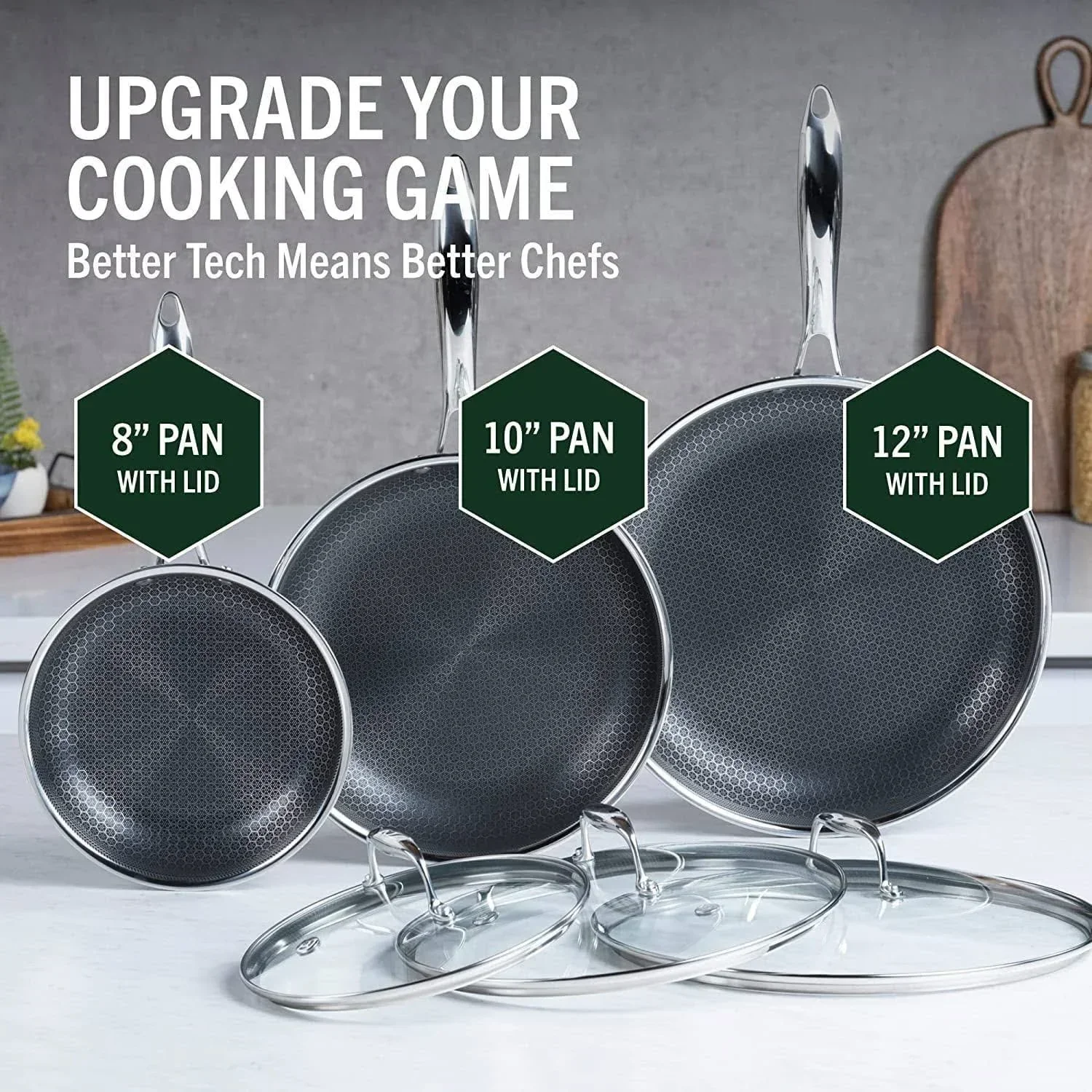 HexClad Hybrid Stainless Steel Cookware Pan Set, 6 Piece, 8 inch, 10 inch, 12 inch, Glass Lids, Black - Image 14