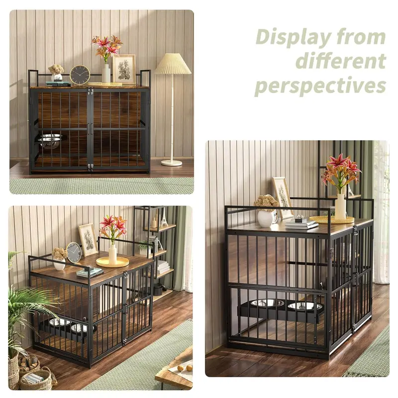 ROOMTEC Large Dog Crate Furniture With Adjustable Bowls, Steel Frame, 48in x 30.3in x 43in - Image 6