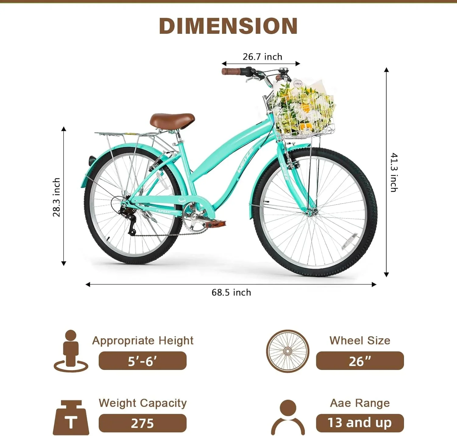WEIZE Beach Cruiser Bike, 26 inch Commuter Bicycle for Adult Men and Women, 7-Speed/High-Carbon Steel/Front & Rear Fenders, Comfortable City Bikes with Rear Rack or Basket, Ergonomic Upright Design - Image 20