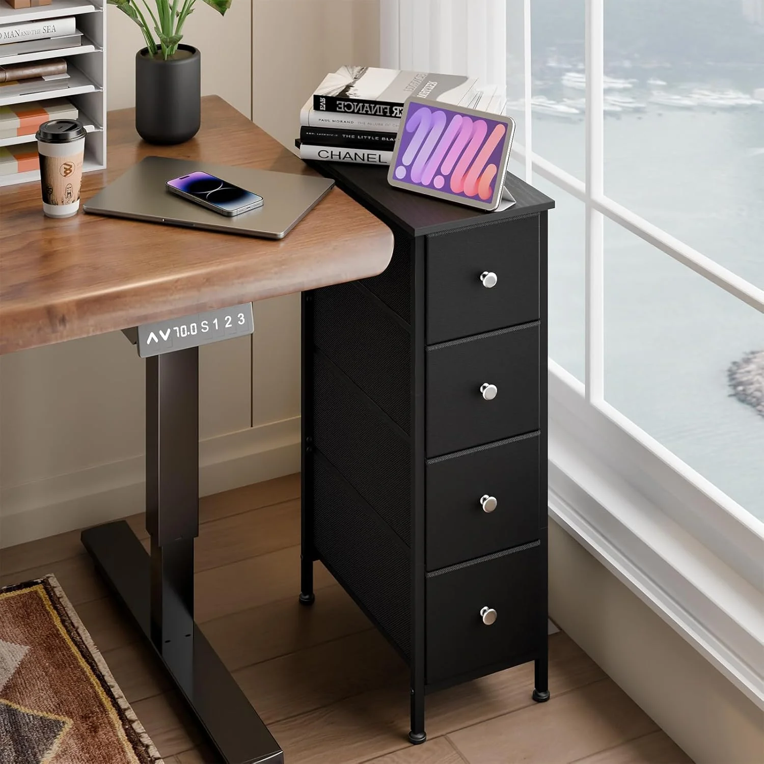 Black Narrow Storage Cabinet with 4 Fabric Drawers, Slim Storage Dresser - Image 7