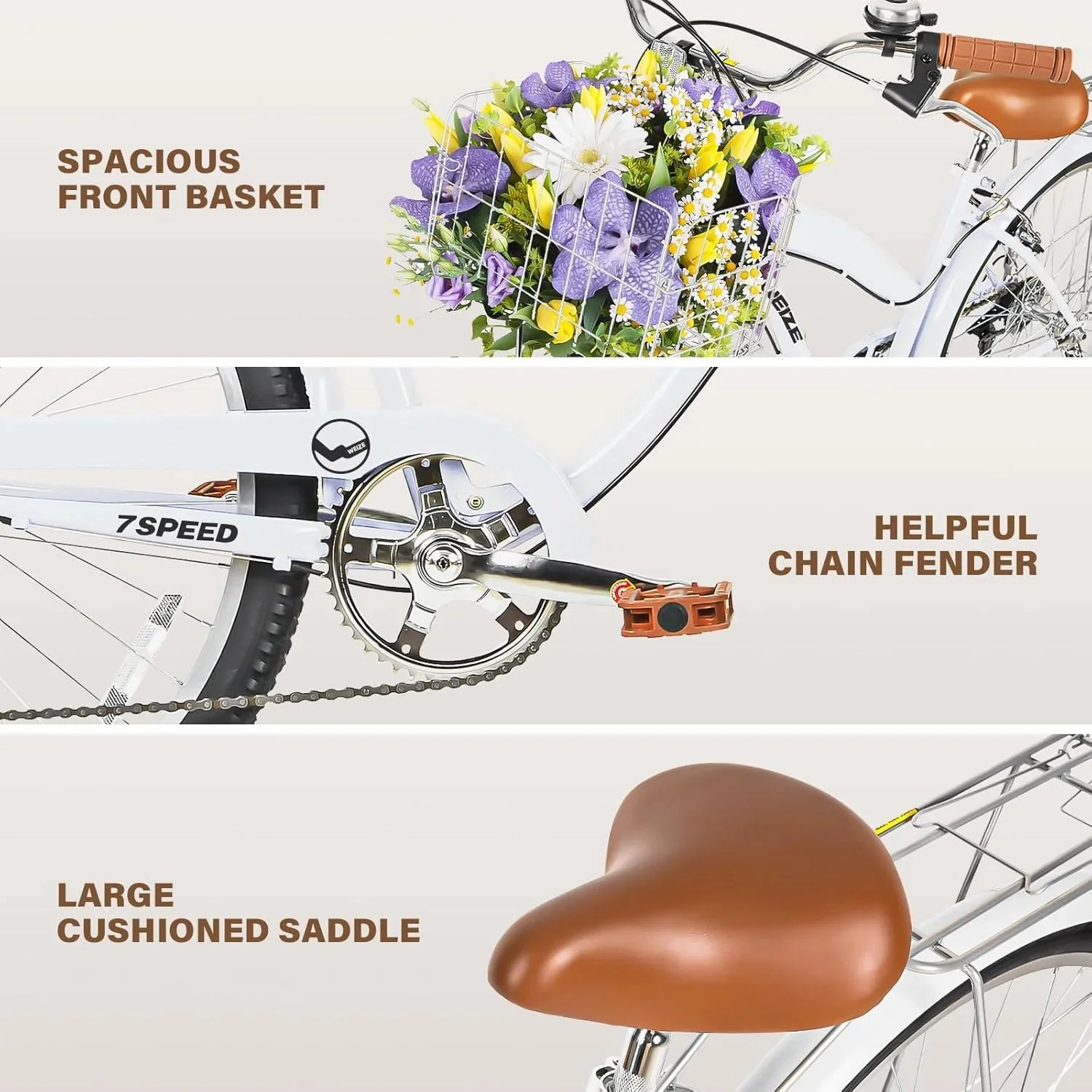 WEIZE Beach Cruiser Bike, 26 inch Commuter Bicycle for Adult Men and Women, 7-Speed/High-Carbon Steel/Front & Rear Fenders, Comfortable City Bikes with Rear Rack or Basket, Ergonomic Upright Design - Image 3