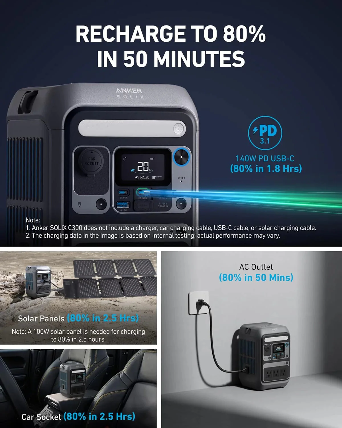 Anker Solar Generator SOLIX C300 with 60W Solar Panel, 288Wh Portable Power Station, 300W (600W Surge), LiFePO4 Battery, 140W Two-Way Fast Charging, for Outdoor Camping, Traveling, and Emergencies - Image 10