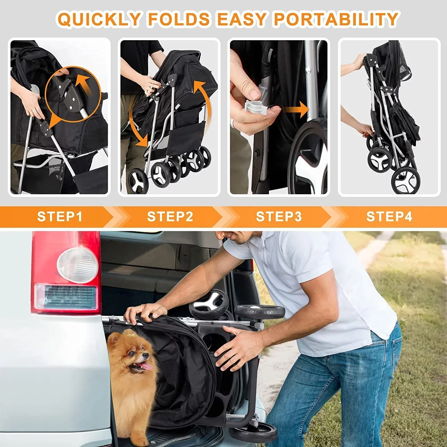 Pet Stroller With 4 Wheels For Small And Medium Dogs And Cats - Foldable, Oxford Cloth, 30 lbs Capacity - Image 3