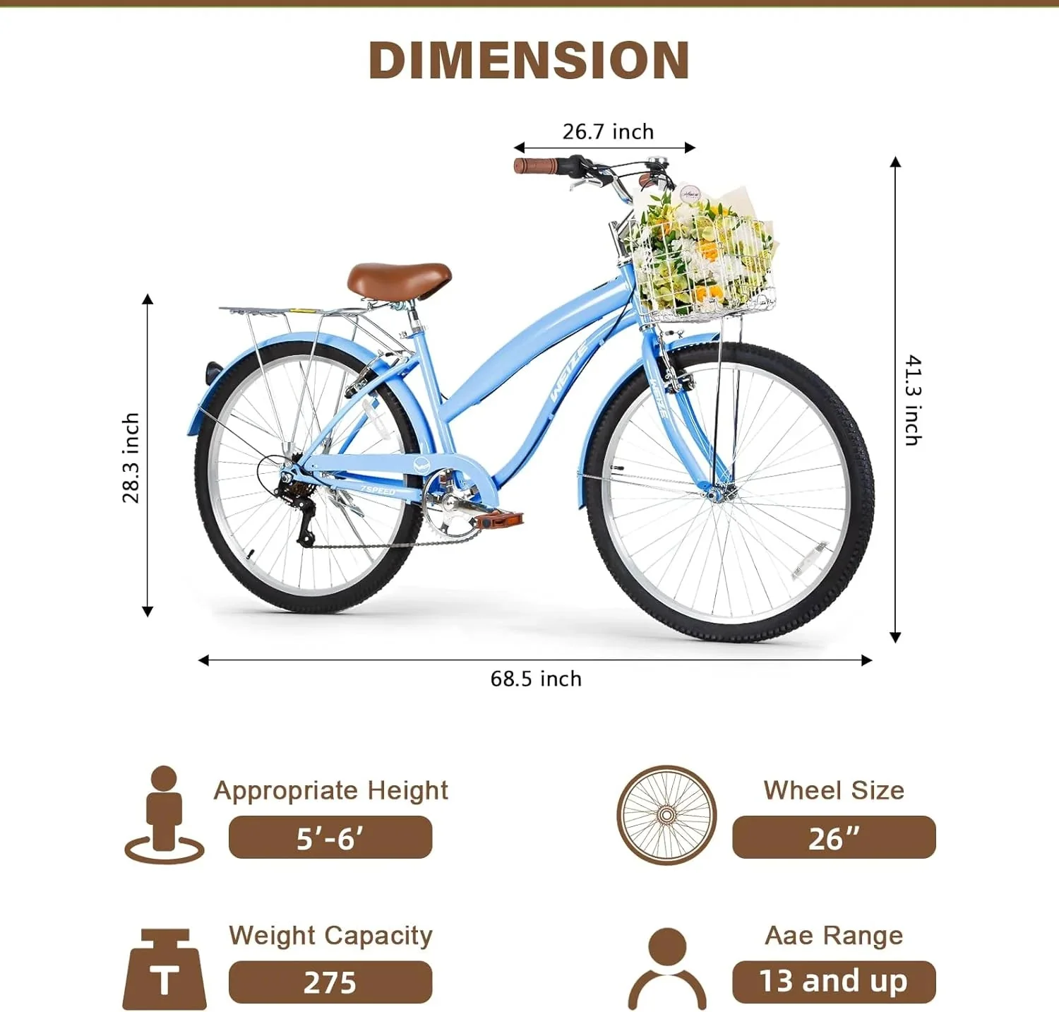 WEIZE Beach Cruiser Bike, 26 inch Commuter Bicycle for Adult Men and Women, 7-Speed/High-Carbon Steel/Front & Rear Fenders, Comfortable City Bikes with Rear Rack or Basket, Ergonomic Upright Design - Image 12