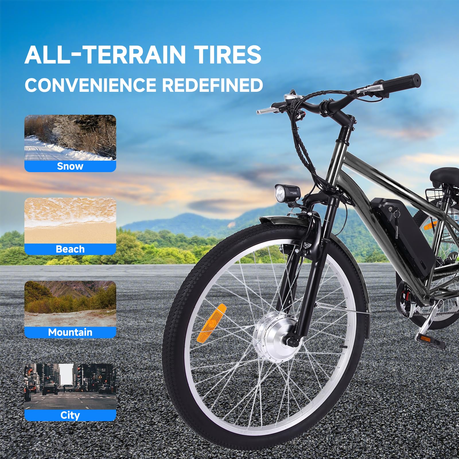 26 Inch Adult 3 Wheel Electric Tricycle with Basket, Fat Tires,7 Speeds,350W Powerful Motor, 36V 10Ah Removable Battery Dark Gray - Image 14