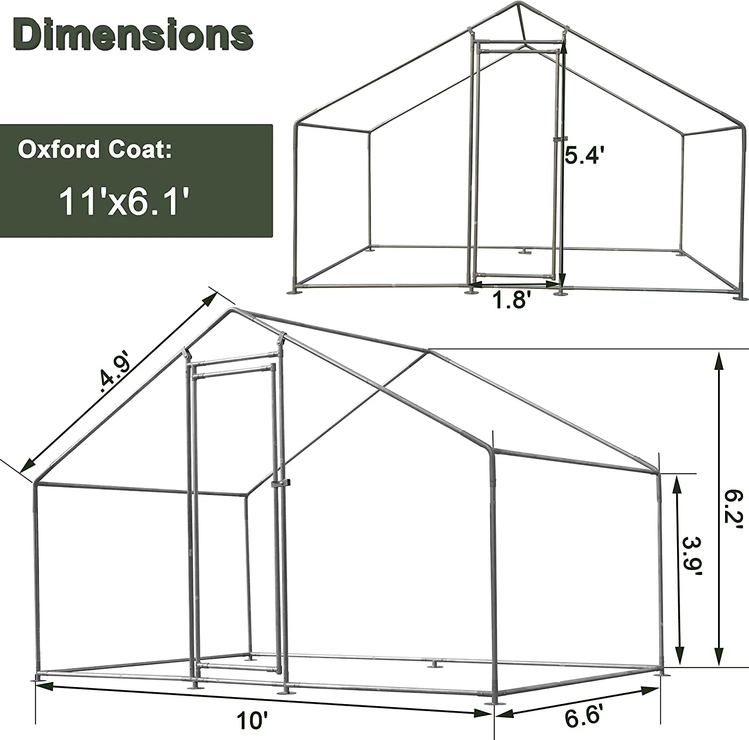 Metal Walk-In Chicken Run Cage With Cover, 10'L X 6.6'W X 6.56'H - Image 3