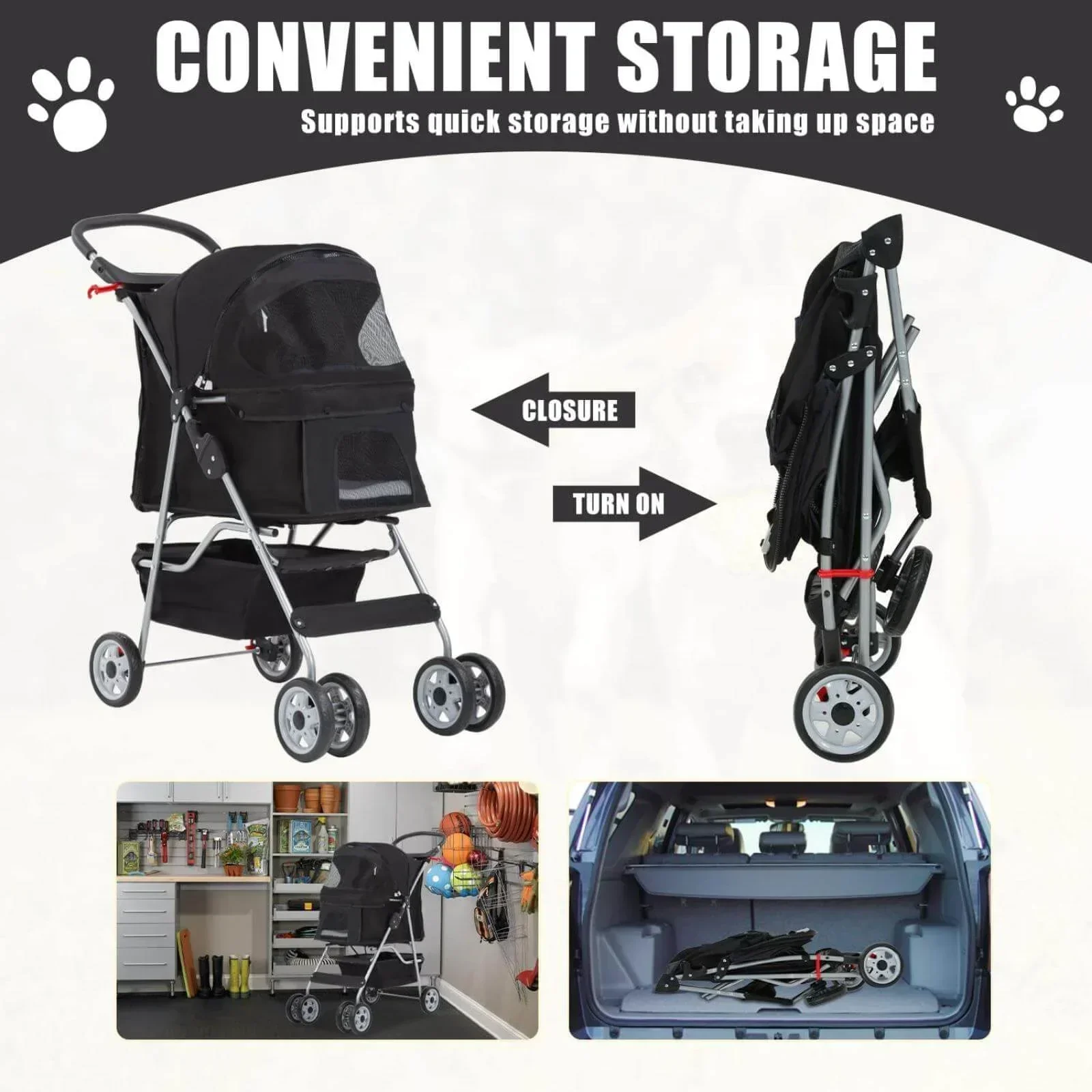 Foldable Dog And Cat Pet Stroller With Storage Basket, Removable Liner And 4 Wheels - Black - Image 3