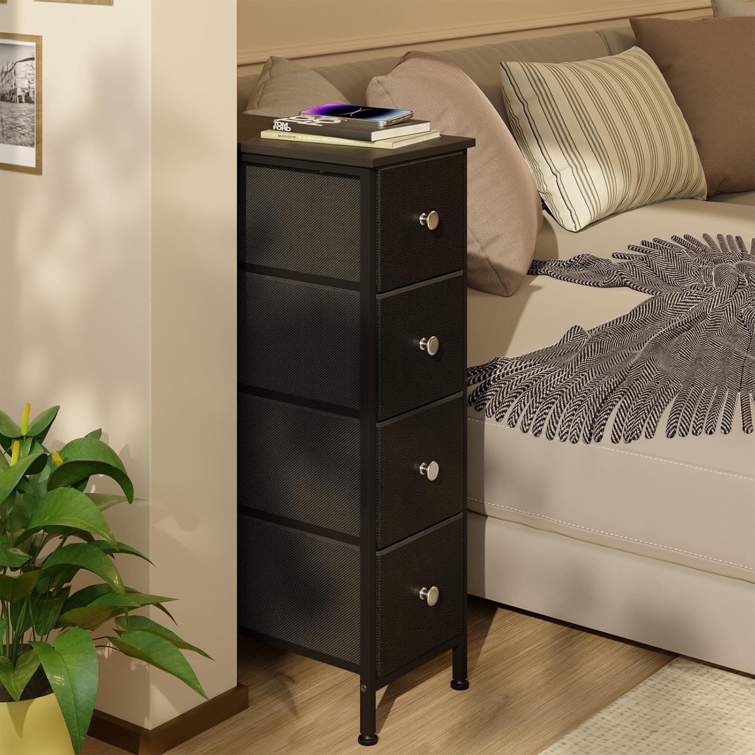 Black Narrow Storage Cabinet with 4 Fabric Drawers, Slim Storage Dresser - Image 3