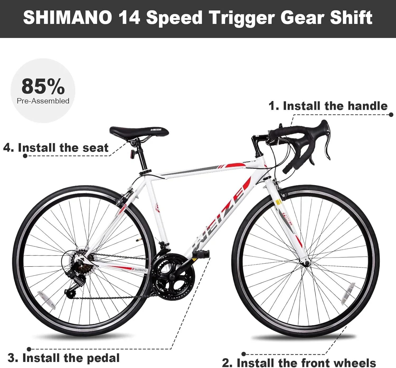 WEIZE Road Bike, 700C Wheel City Commuter Bicycle, Shimano 14 Speed Drop Bar, Racing Adult Bike with Caliper Brakes, High-Carbon Steel Hybrid Bikes - Image 8
