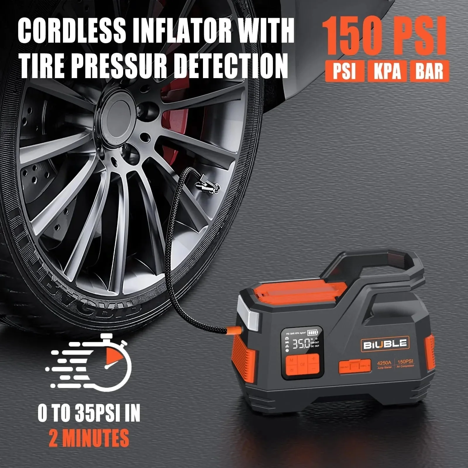 Car Jump Starter with Air Compressor, 4500A Peak 26800mAh 12V Auto with 150PSI Tire Inflatorup to All Gas or 10.0L Diesel Engine - Image 4