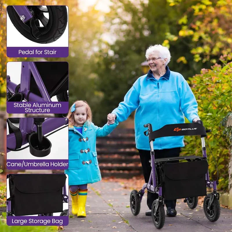 Foldable Rolling Rollator Walker With Seat, 9.5 Inch Pneumatic Wheels - Image 9