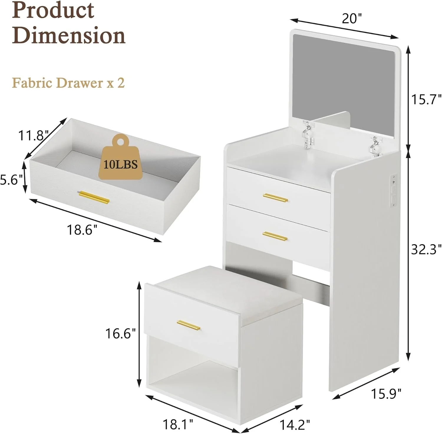 Fixwal 3-in-1 Vanity Desk with Flip-up Mirror, Fabric Drawers & Integrated Charging Station - Image 3
