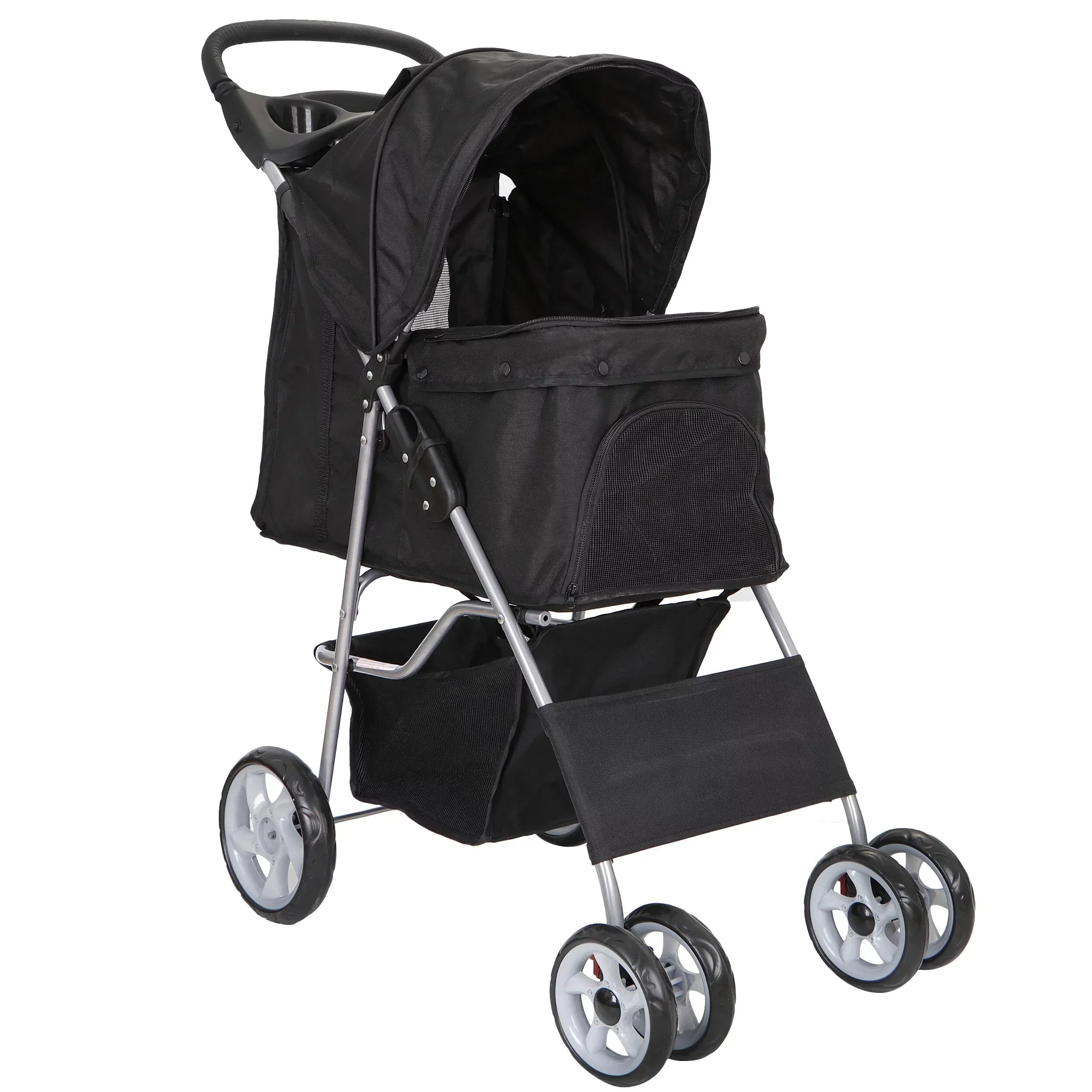 HomGarden 4 Wheel Foldable Pet Stroller Carrier Cart With Storage Basket And Cup Holder - Black - Image 2