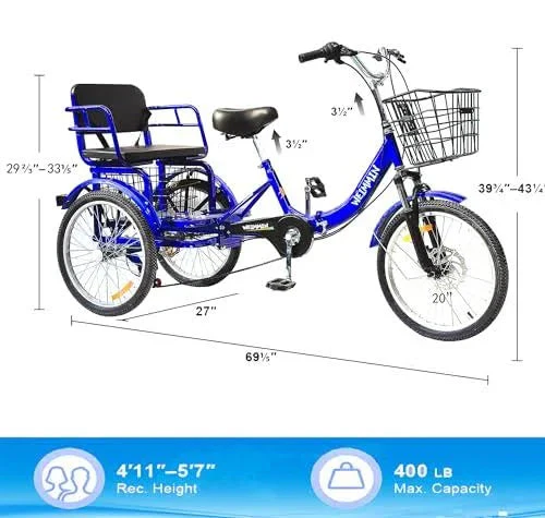 Tricycle 7 Speed, 20 inch 3 Wheel Bikes Folding Tricycle for Adults Star Strip Blue - Image 5