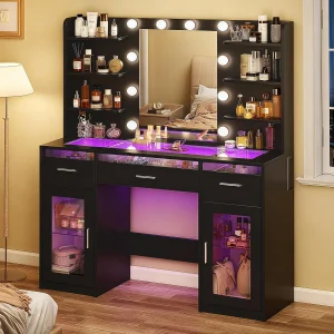 Fixwal Black Luxury Makeup Vanity Table with Tempered Glass Top, LED Mirror & RGB Lighting