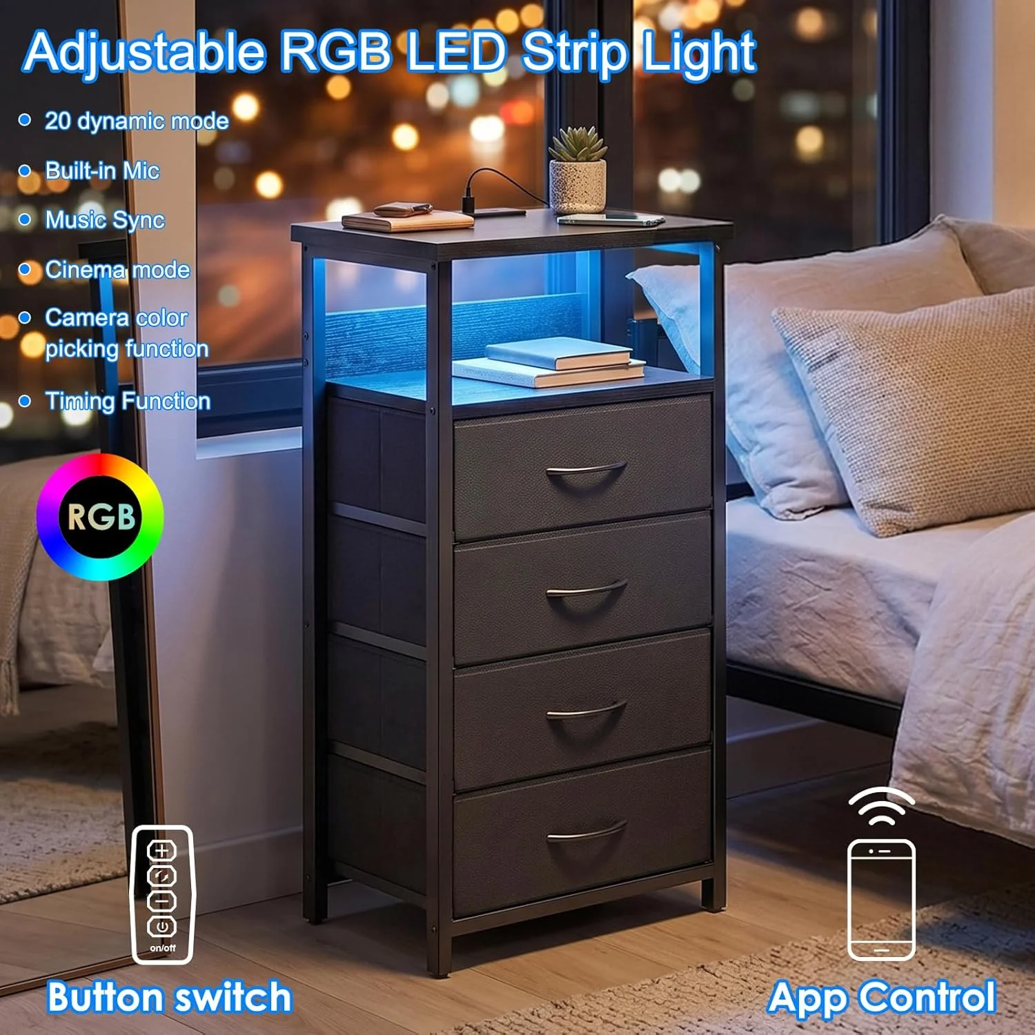 Black Tall Nightstand with Charging Station, 4 Fabric Drawers, RGB LED & Open Shelves - Image 6