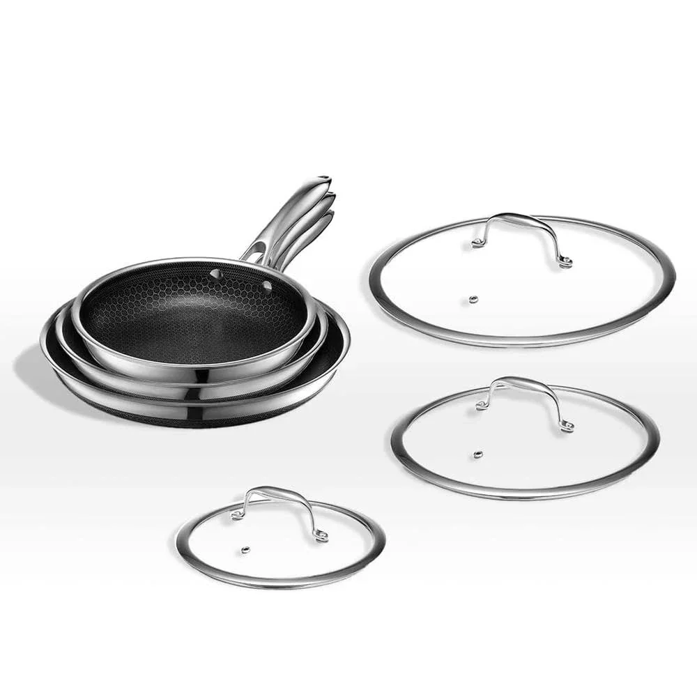 HexClad Hybrid Stainless Steel Cookware Pan Set, 6 Piece, 8 inch, 10 inch, 12 inch, Glass Lids, Black - Image 11