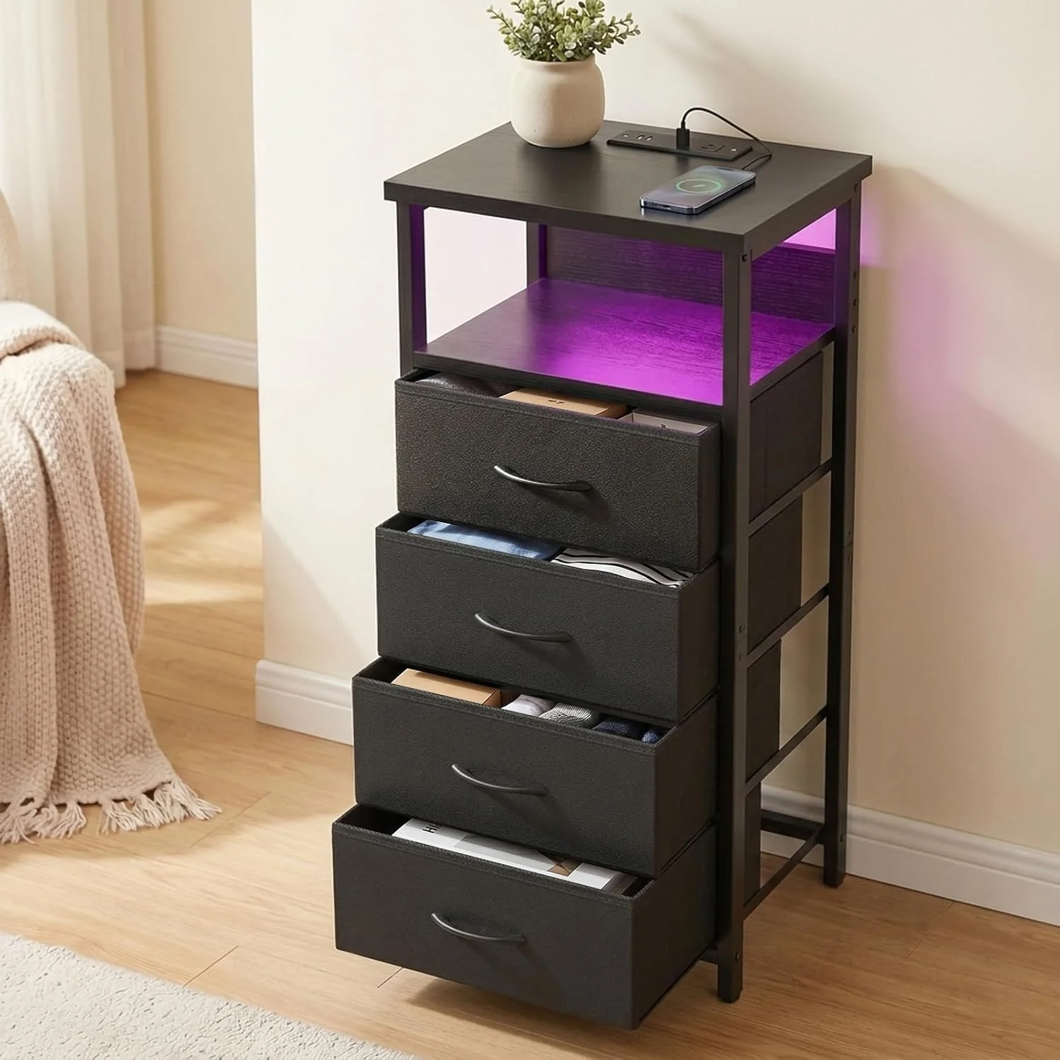 Black Tall Nightstand with Charging Station, 4 Fabric Drawers, RGB LED & Open Shelves - Image 2