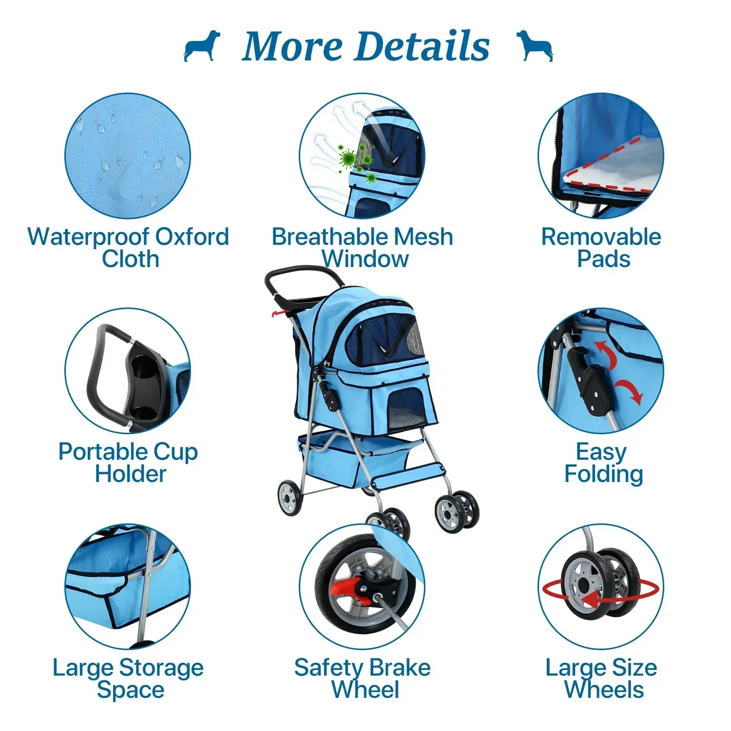 Dkelincs Folding Pet Stroller With Cup Holder And Storage Basket, Blue - 35 lbs - Image 2