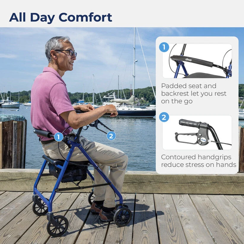 Drive Medical 4-Wheel Rollator Walker With Padded Seat, Backrest And 6-Inch Wheels - Blue - Image 3