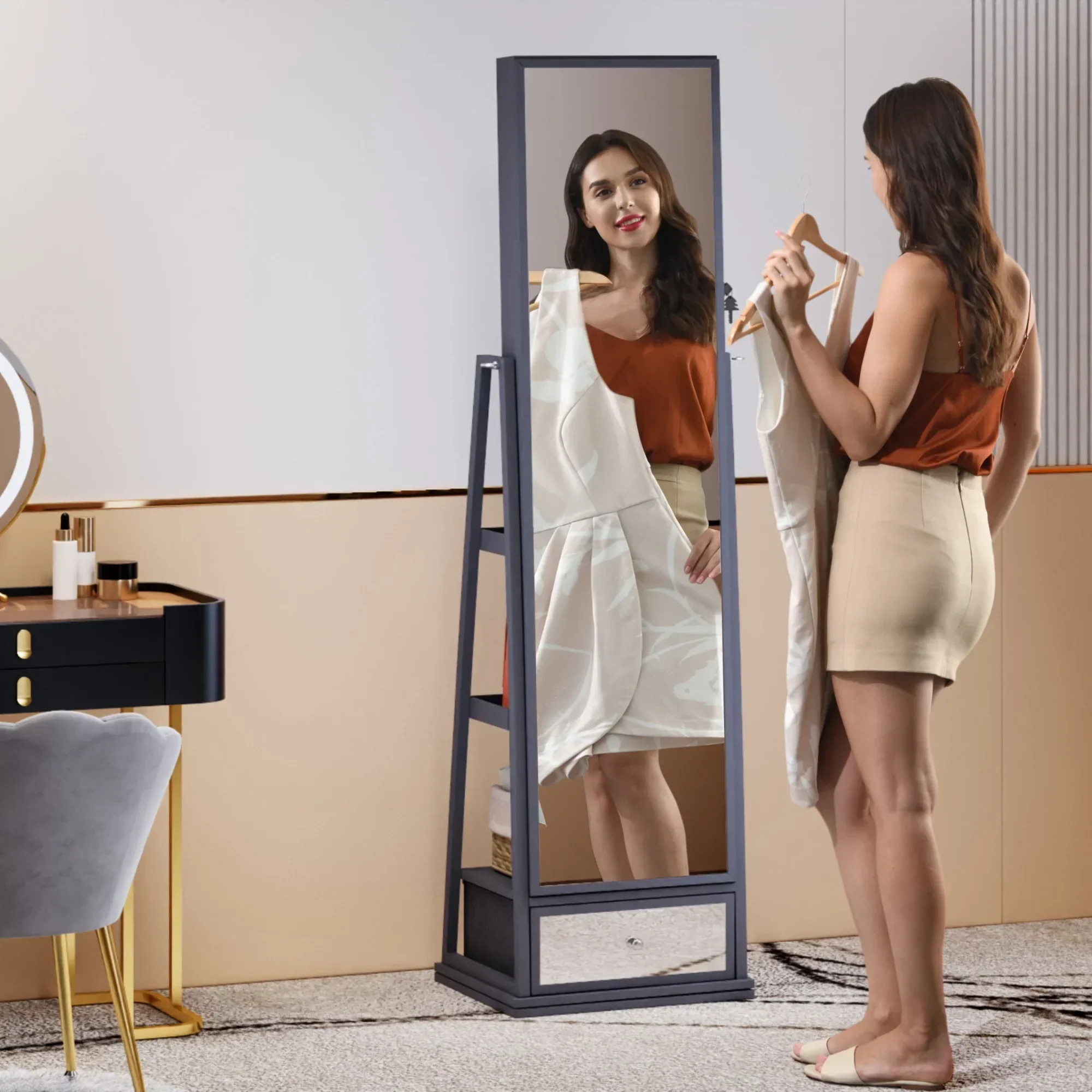FREDEES Standing Jewelry Cabinet With Full-Length Mirror, Lights, Engineered Wood, Gray, 14 in D x 15 in W x 64 in H - Image 7