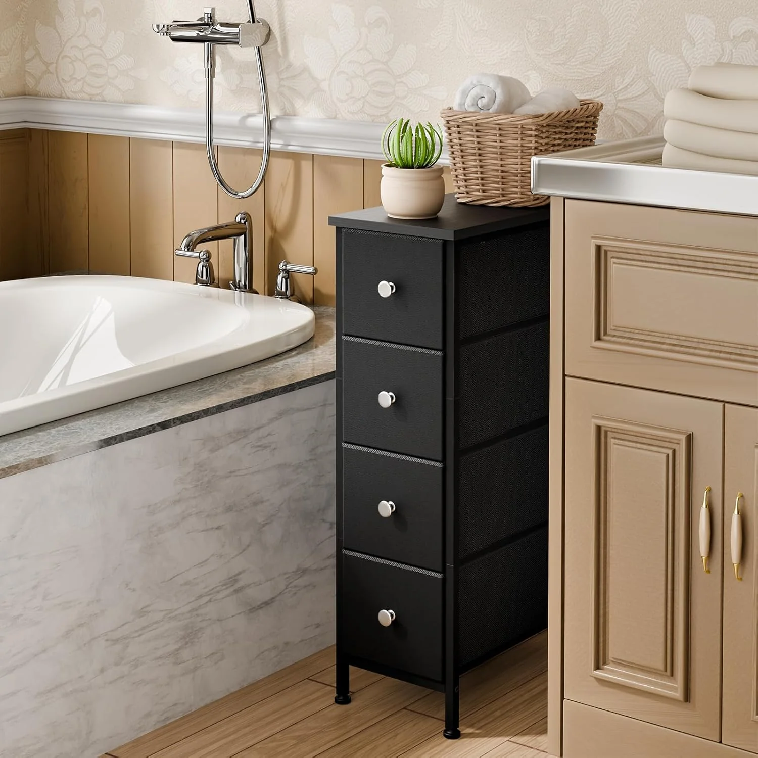 Black Narrow Storage Cabinet with 4 Fabric Drawers, Slim Storage Dresser - Image 2
