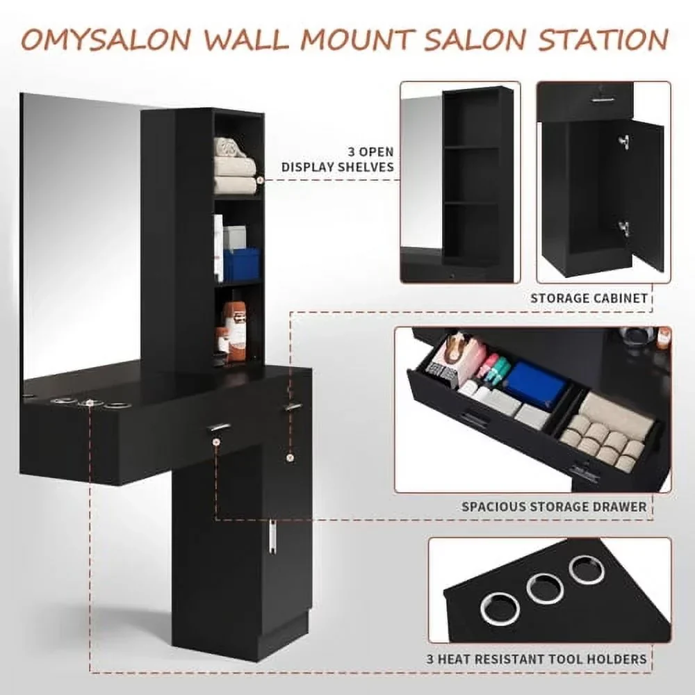 OmySalon Wall Mount Salon Station With Mirror, 1 Storage Cabinet, 2 Drawers And 3-Tier Shelf - Black - Image 9