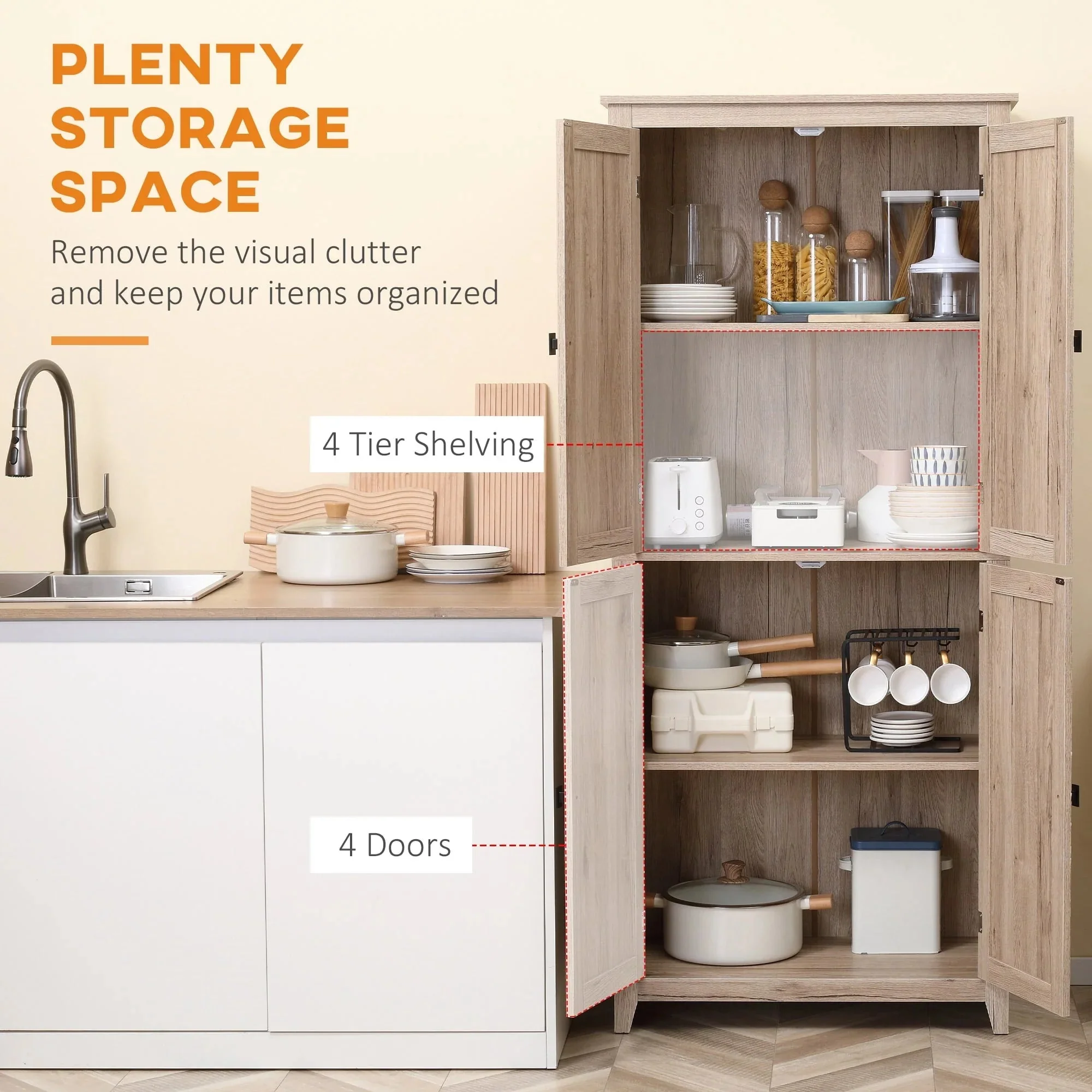HOMCOM Freestanding 4-Door Kitchen Pantry Storage Cabinet, 72in, 4-Tier - Adjustable Shelves - Image 4