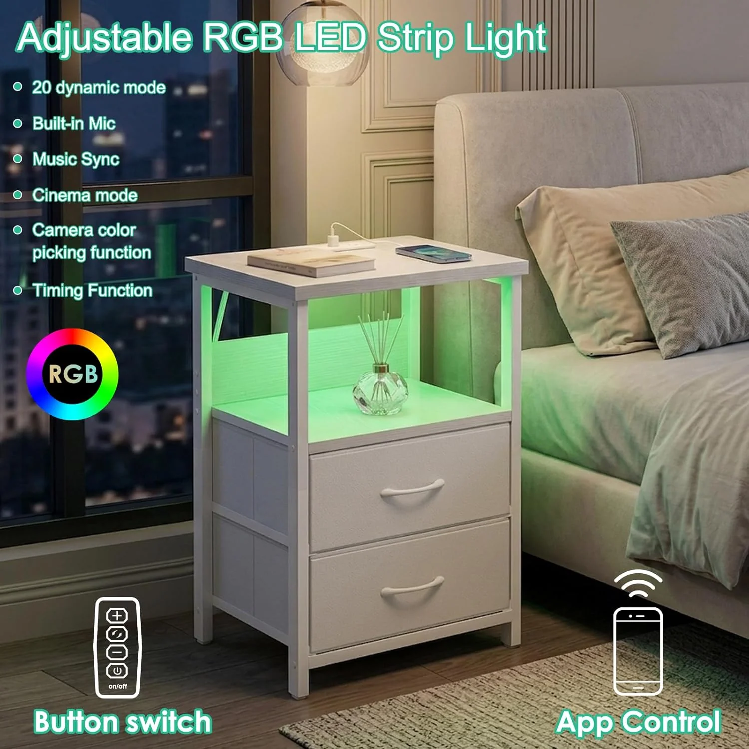 White LED Nightstand with Charging Station, 2 Fabric Drawers & Open Shelf - Image 5