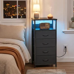 Black Tall Nightstand with Charging Station, 4 Fabric Drawers, RGB LED & Open Shelves