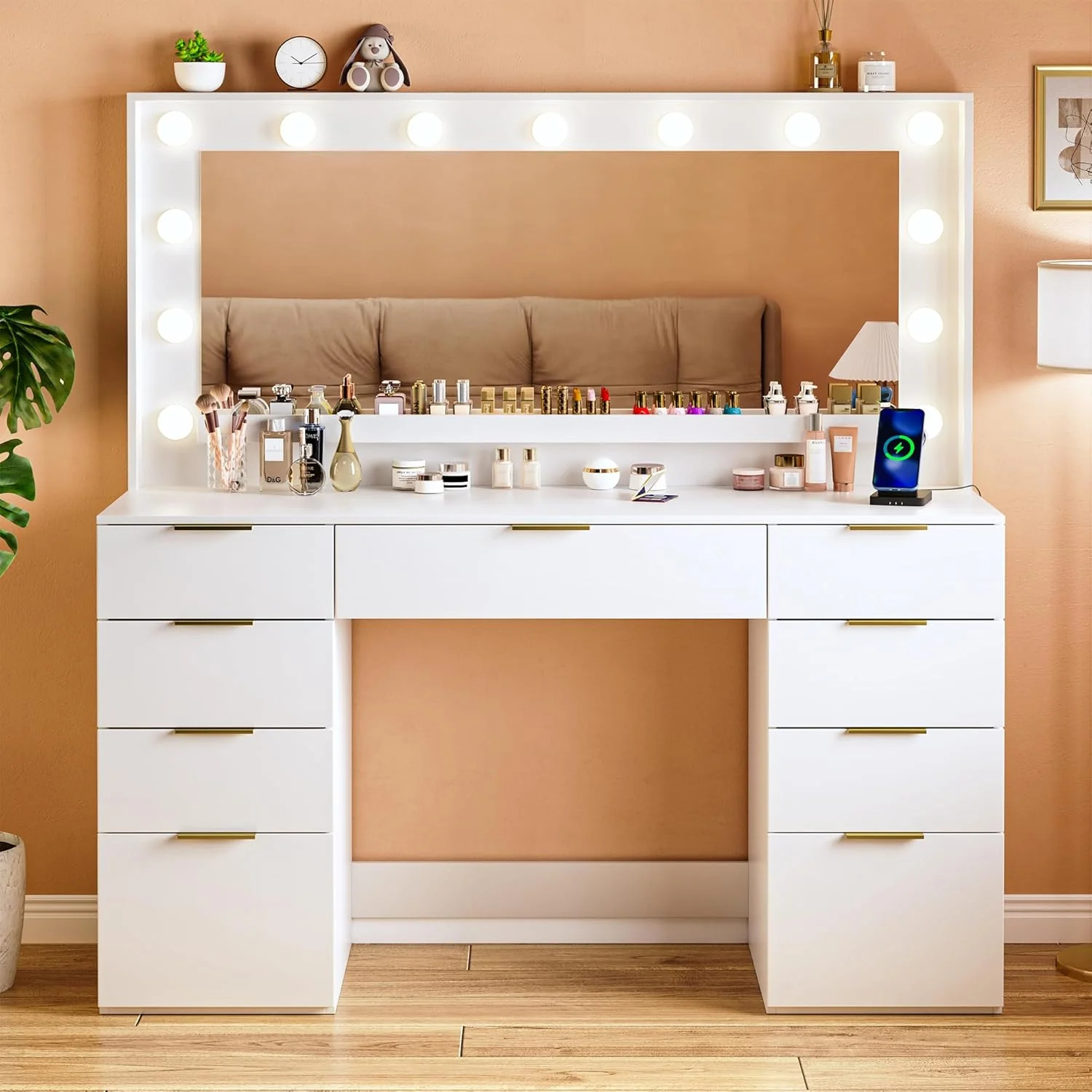 Fixwal 45.3" White Makeup Vanity Table with 9 Drawers, LED Lighted Mirror & Power Outlet