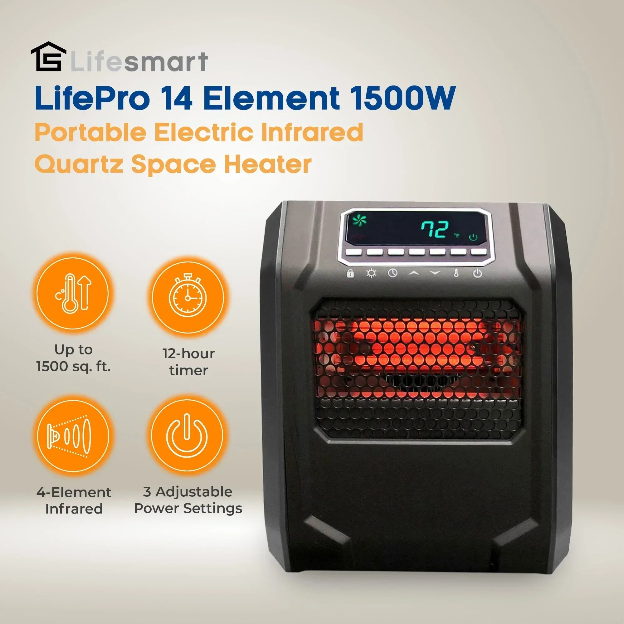 Lifesmart Infrared Quartz Space Heater, 4 Element 1500W, Black - Image 2