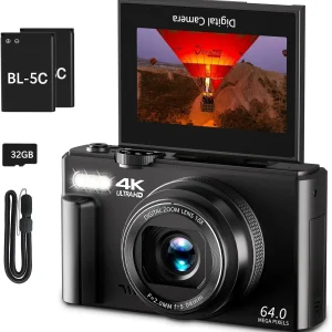 4K Digital Camera for Photography, 64MP Vlogging Camera for YouTube with 3" 180° Flip Screen, 18X Digital Zoom Point and Shoot Camara with 32GB Micro SD Card for Beginner (Black)
