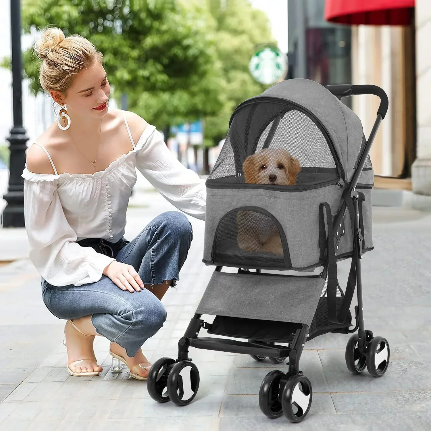 Dkeli 3-in-1 Folding Pet Stroller With Detachable Carrier And Car Seat, 44 Lbs - Image 6