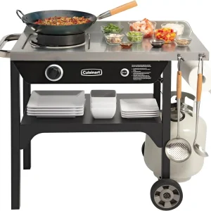 Cuisinart Outdoor Wok Station, 50,000 BTU Propane Outdoor Wok Burner w Prep Table, 14" Carbon Steel Wok for Stir Fry, Searing, BBQ  Black
