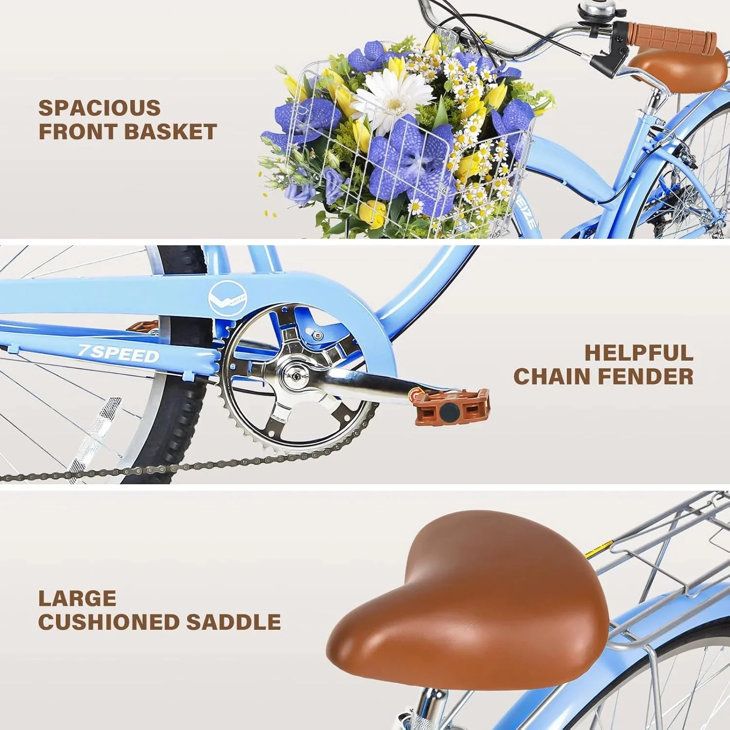 WEIZE Beach Cruiser Bike, 26 inch Commuter Bicycle for Adult Men and Women, 7-Speed/High-Carbon Steel/Front & Rear Fenders, Comfortable City Bikes with Rear Rack or Basket, Ergonomic Upright Design - Image 14
