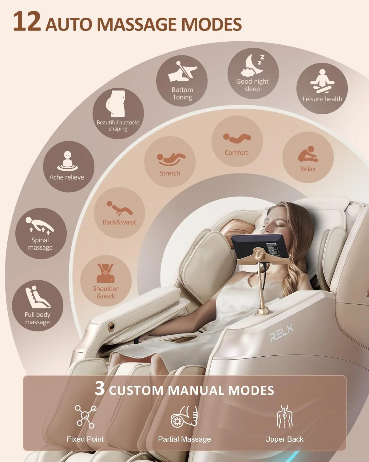 RELX Full Body Zero Gravity SL-Track Shiatsu Massage Chair, Cream - Image 3