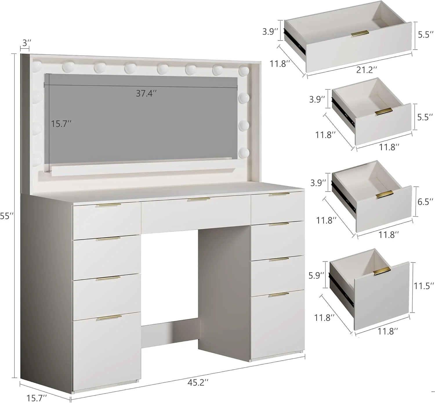 Fixwal 45.3" White Makeup Vanity Table with 9 Drawers, LED Lighted Mirror & Power Outlet - Image 7