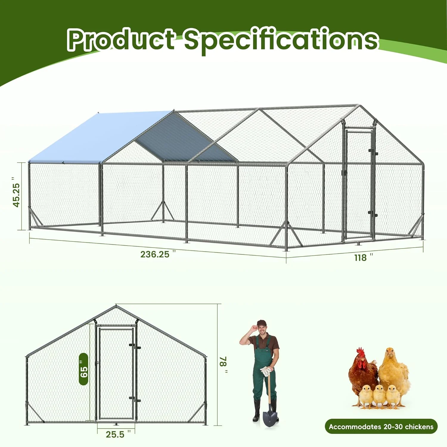 Metal Walk-In Chicken Run Cage With Waterproof Anti-Ultraviolet Cover, 19.6' L x 9.8' W x 6.4' H - Image 3