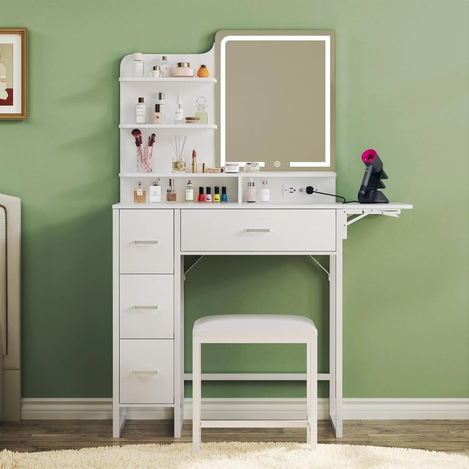 Fixwal 36.6" Makeup Vanity Table with 4 Drawers, LED Lighted Mirror & Charging Station - Image 9