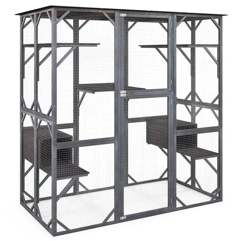 71-Inch Outdoor Wooden Catio Enclosure With 7 Platforms And 2 Condos - Grey - Image 2