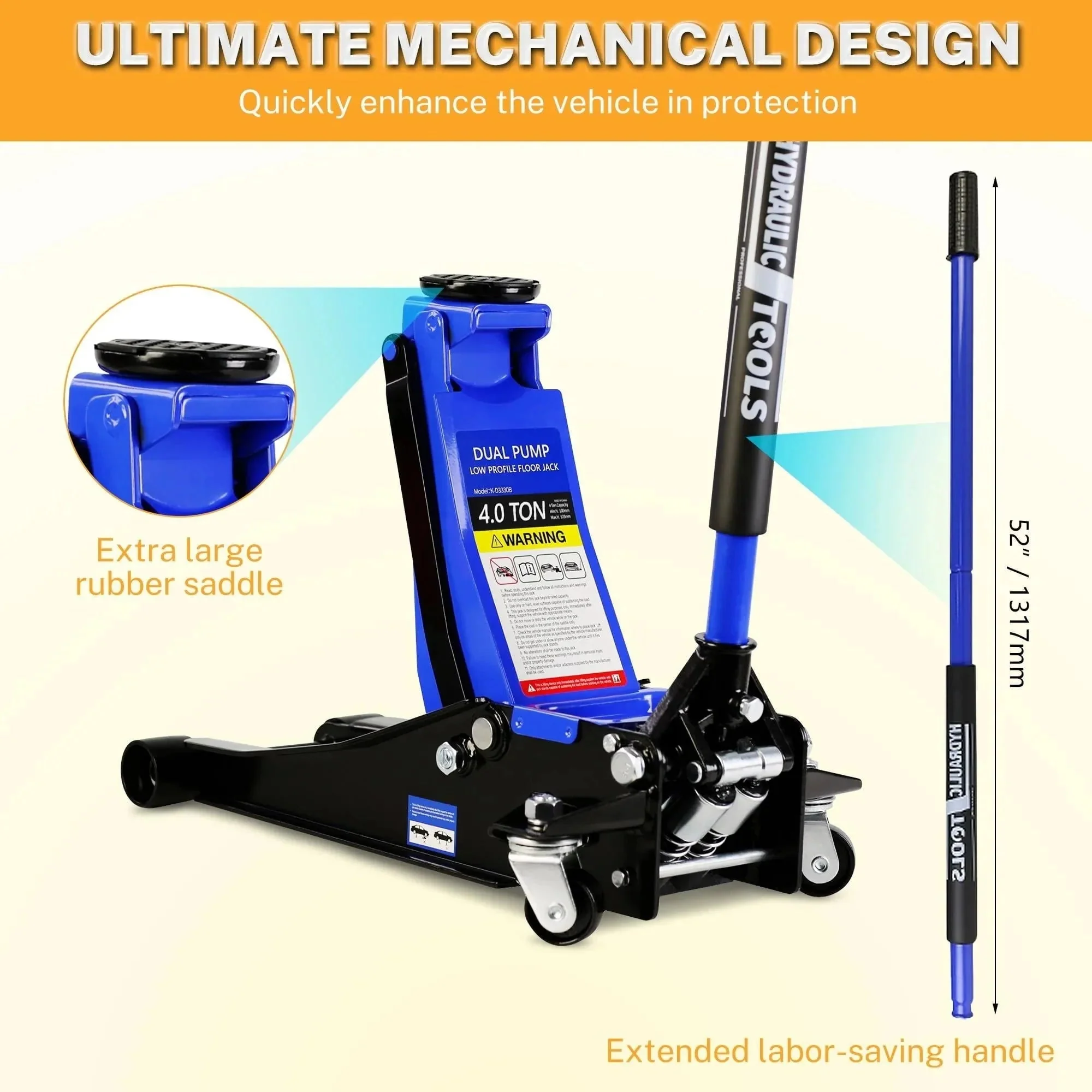 4-Ton Floor Jack, Low Profile Car Jack, Heavy-Duty Trolley Jack Car Lift with Dual Pump Pistons, Lifting Range 4"-21", 8000LBS - Image 8